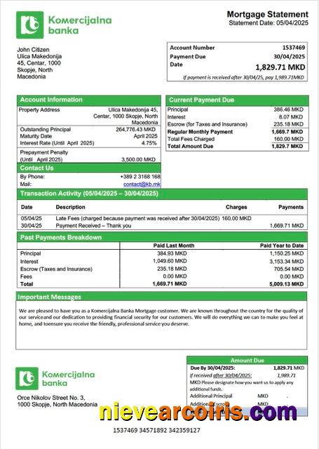 North Macedonia Komercijalna Banka mortgage statement Word and PDF template
